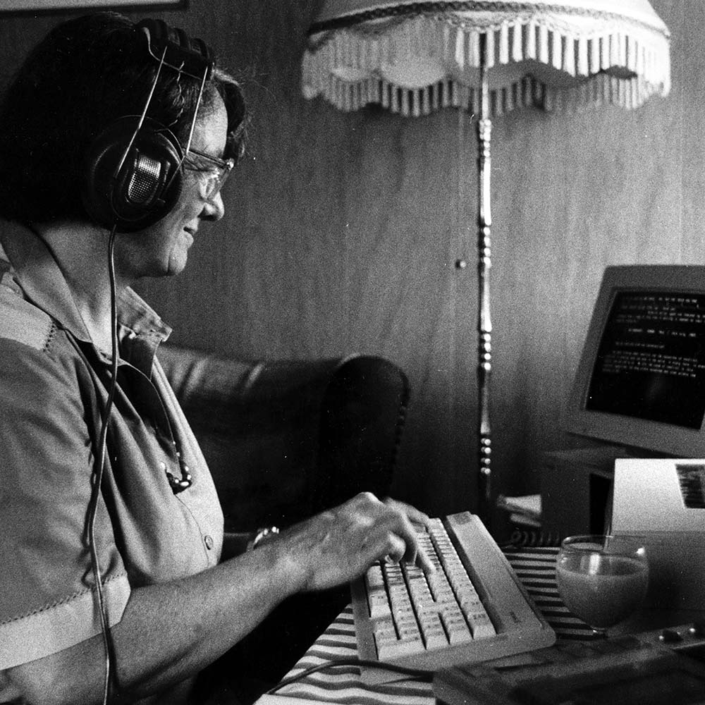 Former KFT Trustee Jane Hammond Transcribing a Krishnamurti Recording in the Early 1980s