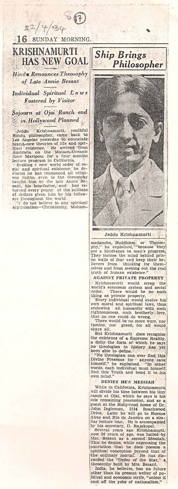 1934 Los Angeles Times - Krishnamurti has new goal