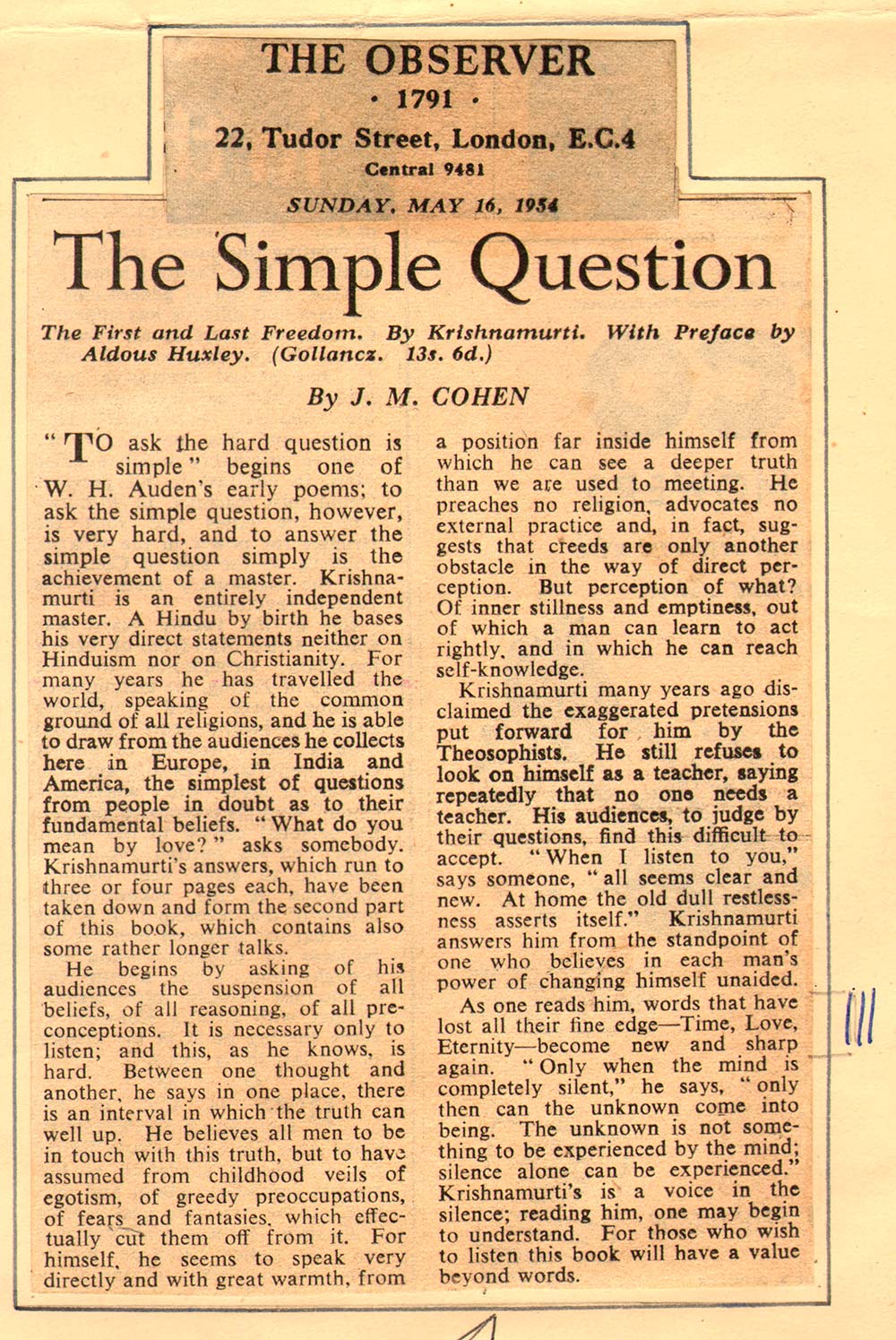 1954 The Observer - The Simple Question