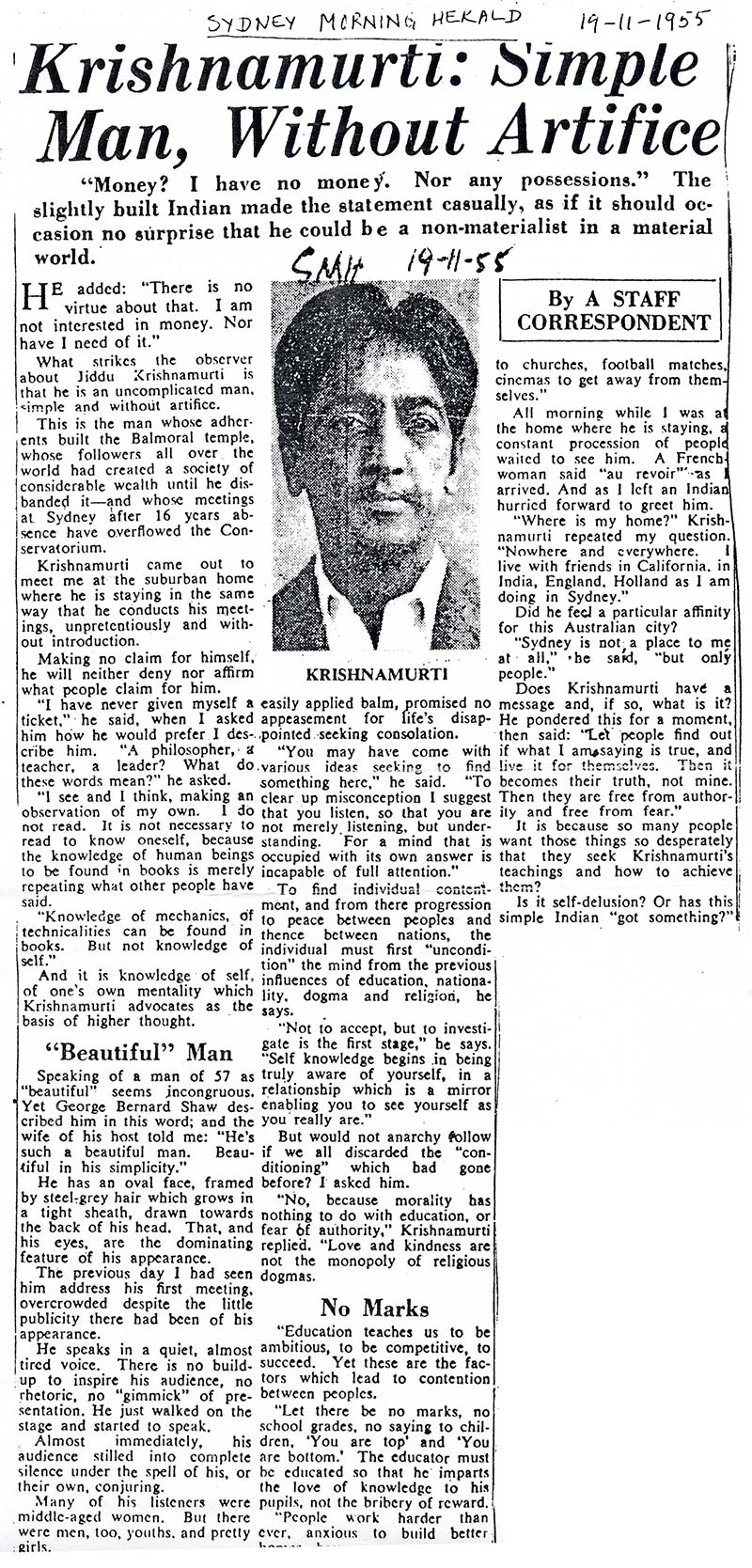 1955 Sydney Morning Herald - Simple Man Without Artifice