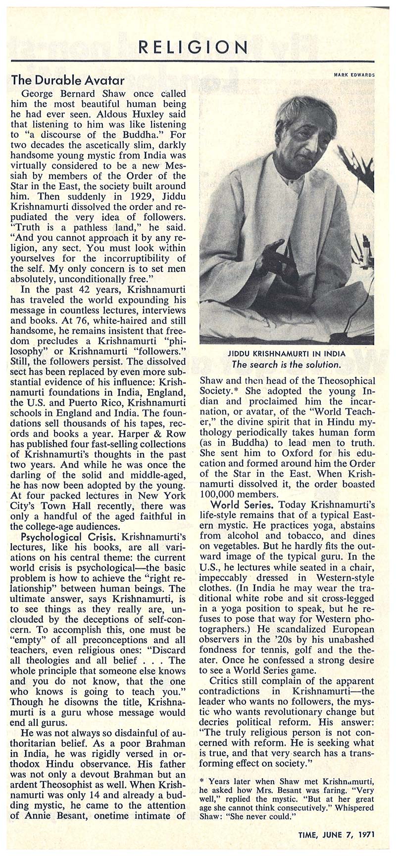 1971 Time Magazine - The Durable Avatar