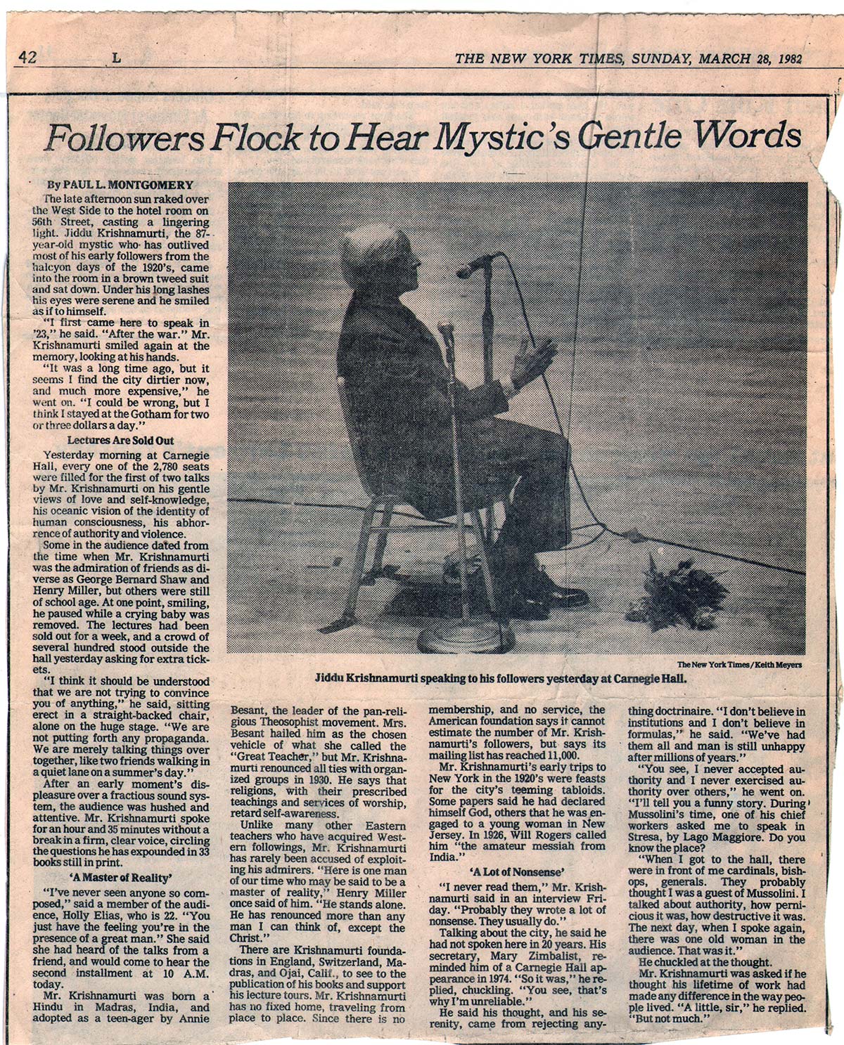 1982 The New York Times - Followers Flock to Hear a Mystic