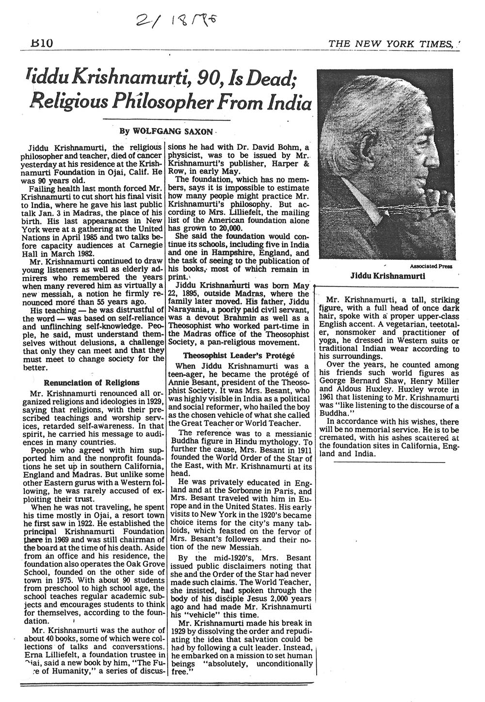 1986 The New York Times - J Krishnamurti Is Dead
